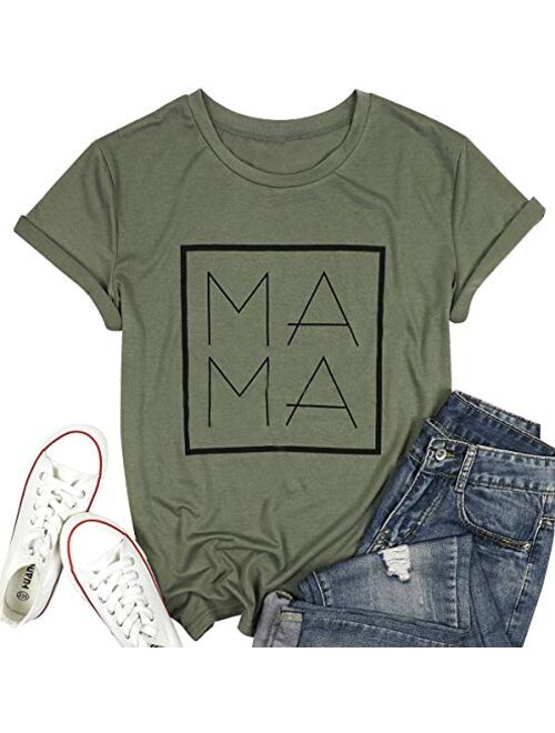 Mama Letter Printed T-Shirt for Women Blessed Mama Shirt Short Sleeve Graphic Tops Tee Casual Blouse