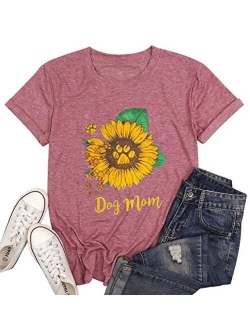 Dog Mom Shirt Tees for Women Letter Print Dog Lover Tees Sunflower Casual Short Sleeve Mom Gift Tops