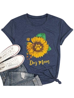 Dog Mom Shirt Tees for Women Letter Print Dog Lover Tees Sunflower Casual Short Sleeve Mom Gift Tops