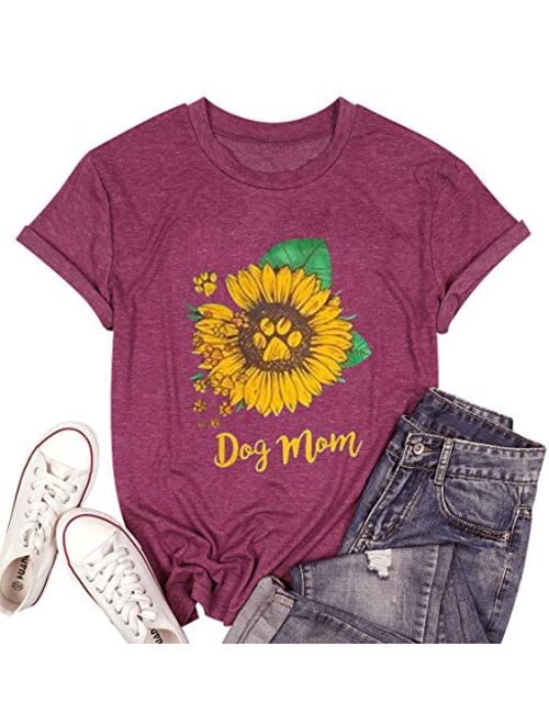 Dog Mom Shirt Tees for Women Letter Print Dog Lover Tees Sunflower Casual Short Sleeve Mom Gift Tops