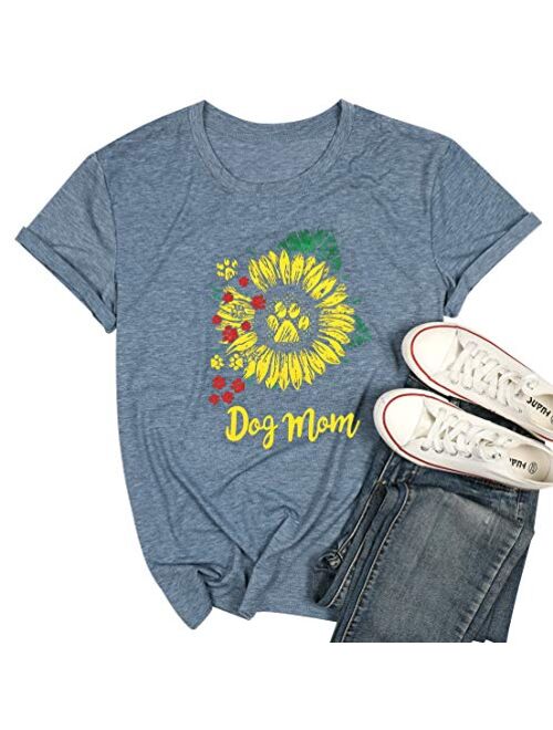 Dog Mom Shirt Tees for Women Letter Print Dog Lover Tees Sunflower Casual Short Sleeve Mom Gift Tops