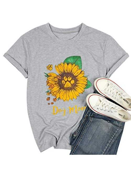 Dog Mom Shirt Tees for Women Letter Print Dog Lover Tees Sunflower Casual Short Sleeve Mom Gift Tops