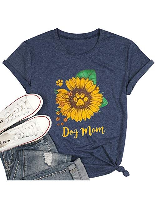 Dog Mom Shirt Tees for Women Letter Print Dog Lover Tees Sunflower Casual Short Sleeve Mom Gift Tops