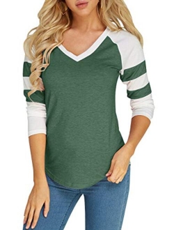 Foshow Womens V Neck Raglan Baseball Tee Tshirts Short Long Sleeve Jersey Striped Colorblock Casual Blouses Tops