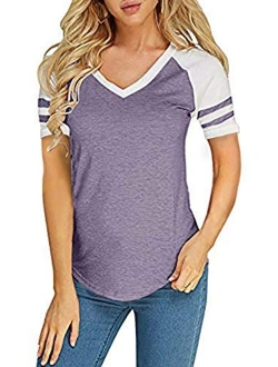 Foshow Womens V Neck Raglan Baseball Tee Tshirts Short Long Sleeve Jersey Striped Colorblock Casual Blouses Tops