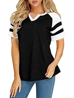 Foshow Womens V Neck Raglan Baseball Tee Tshirts Short Long Sleeve Jersey Striped Colorblock Casual Blouses Tops