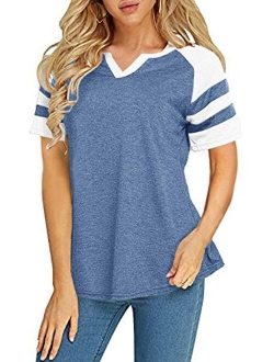 Foshow Womens V Neck Raglan Baseball Tee Tshirts Short Long Sleeve Jersey Striped Colorblock Casual Blouses Tops