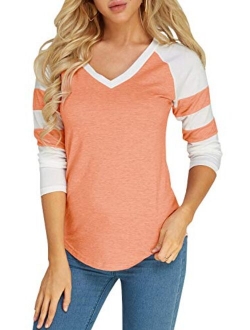 Foshow Womens V Neck Raglan Baseball Tee Tshirts Short Long Sleeve Jersey Striped Colorblock Casual Blouses Tops