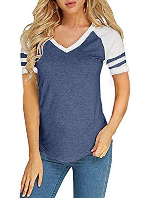 Foshow Womens V Neck Raglan Baseball Tee Tshirts Short Long Sleeve Jersey Striped Colorblock Casual Blouses Tops