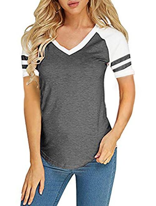 Foshow Womens V Neck Raglan Baseball Tee Tshirts Short Long Sleeve Jersey Striped Colorblock Casual Blouses Tops