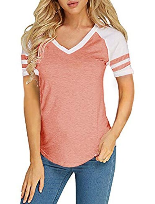 Foshow Womens V Neck Raglan Baseball Tee Tshirts Short Long Sleeve Jersey Striped Colorblock Casual Blouses Tops