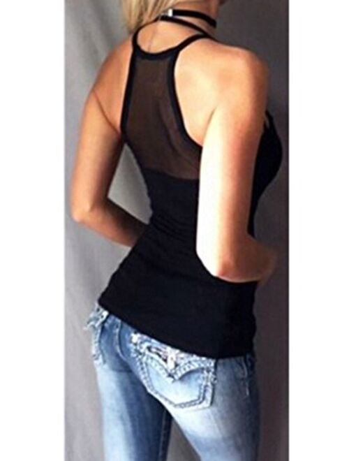 Mitario Femiego Womens Sexy Tank Gauze Low-Cut Bodycon Party Clubwear Shirt