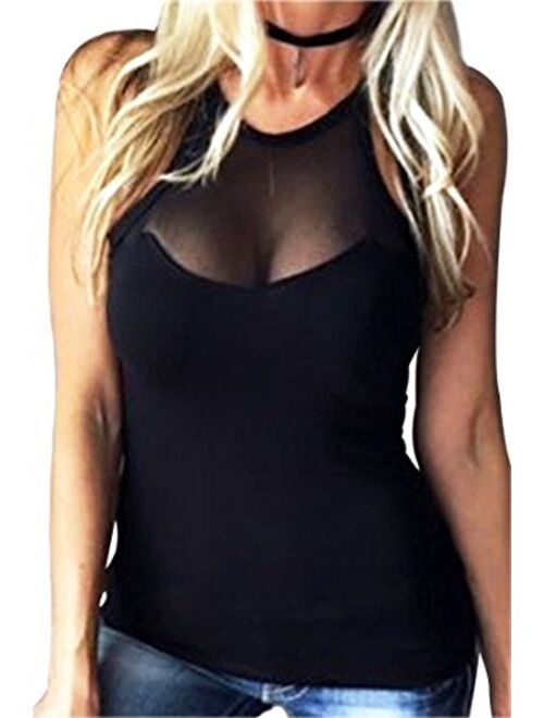 Mitario Femiego Womens Sexy Tank Gauze Low-Cut Bodycon Party Clubwear Shirt