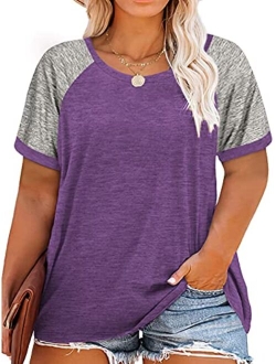 ROSRISS Plus Size Tops for Women Summer Raglan Color Block T Shirts Short Sleeve Loose Fit Tee