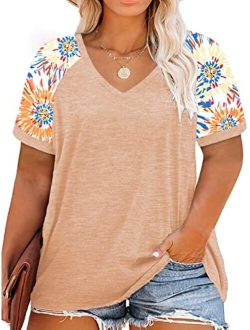 ROSRISS Plus Size Tops for Women Summer Raglan Color Block T Shirts Short Sleeve Loose Fit Tee