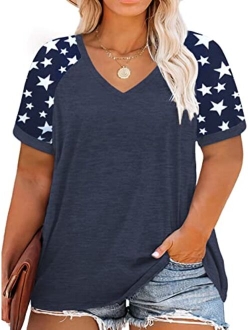 ROSRISS Plus Size Tops for Women Summer Raglan Color Block T Shirts Short Sleeve Loose Fit Tee