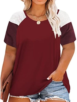 ROSRISS Plus Size Tops for Women Summer Raglan Color Block T Shirts Short Sleeve Loose Fit Tee