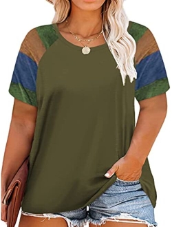 ROSRISS Plus Size Tops for Women Summer Raglan Color Block T Shirts Short Sleeve Loose Fit Tee