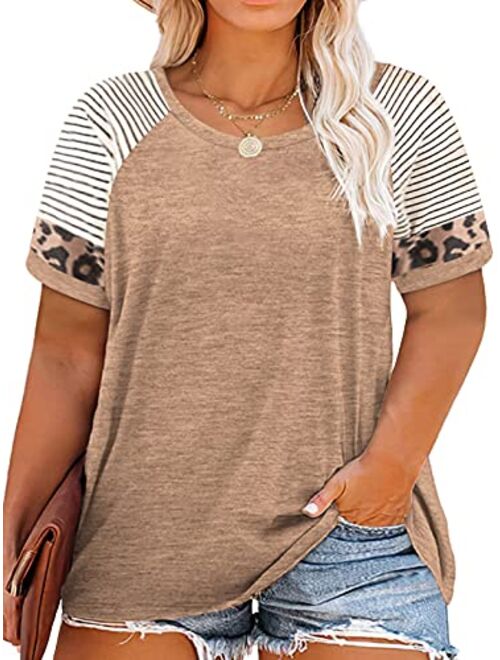 ROSRISS Plus Size Tops for Women Summer Raglan Color Block T Shirts Short Sleeve Loose Fit Tee