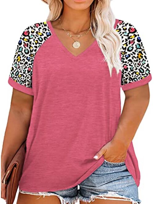 ROSRISS Plus Size Tops for Women Summer Raglan Color Block T Shirts Short Sleeve Loose Fit Tee