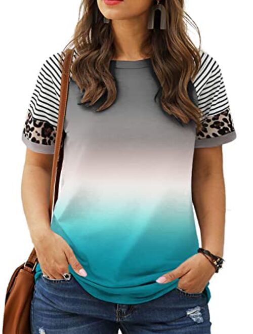 ROSRISS Plus Size Tops for Women Summer Raglan Color Block T Shirts Short Sleeve Loose Fit Tee