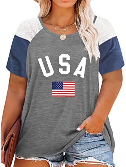 ROSRISS Plus Size Tops for Women Summer Raglan Color Block T Shirts Short Sleeve Loose Fit Tee