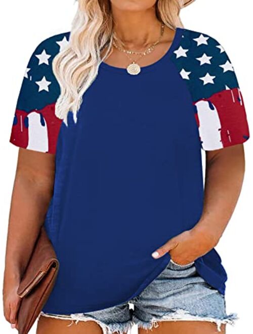 ROSRISS Plus Size Tops for Women Summer Raglan Color Block T Shirts Short Sleeve Loose Fit Tee