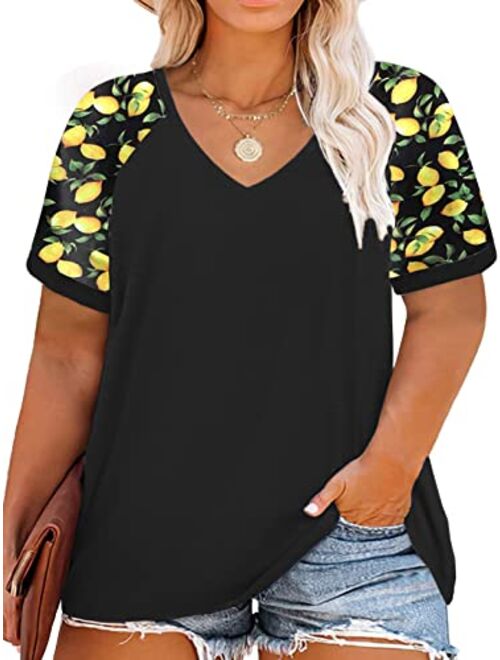 ROSRISS Plus Size Tops for Women Summer Raglan Color Block T Shirts Short Sleeve Loose Fit Tee