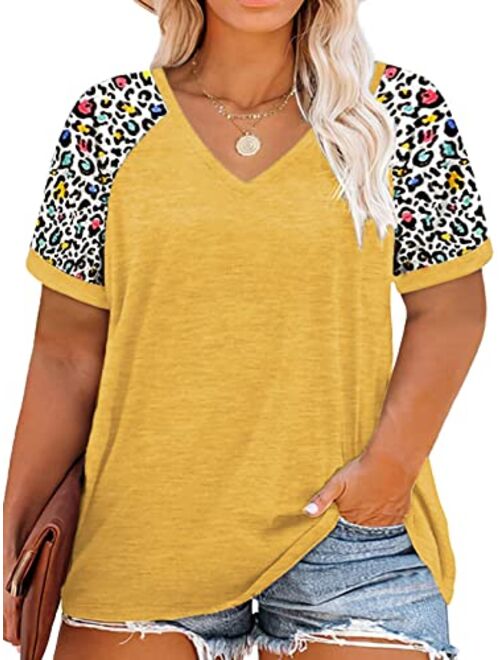 ROSRISS Plus Size Tops for Women Summer Raglan Color Block T Shirts Short Sleeve Loose Fit Tee