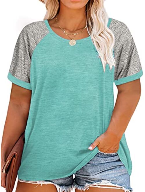 ROSRISS Plus Size Tops for Women Summer Raglan Color Block T Shirts Short Sleeve Loose Fit Tee