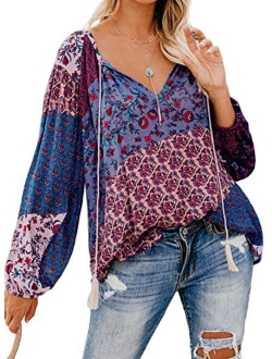 Actloe 2020 Women V Neck Floral Printed Front Tie Knot Blouses Casual Long Sleeve Tops and Shirts