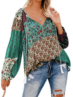 Actloe 2020 Women V Neck Floral Printed Front Tie Knot Blouses Casual Long Sleeve Tops and Shirts