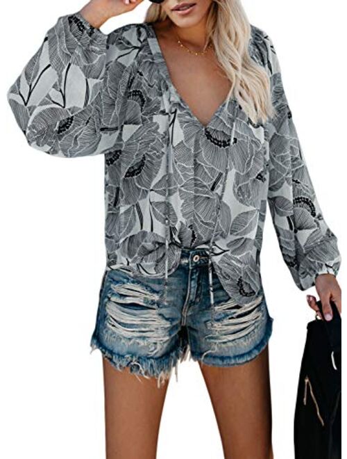 Actloe 2020 Women V Neck Floral Printed Front Tie Knot Blouses Casual Long Sleeve Tops and Shirts