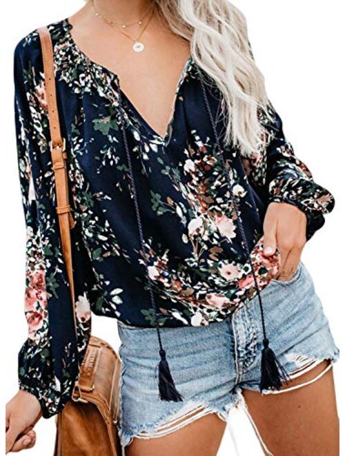 Actloe 2020 Women V Neck Floral Printed Front Tie Knot Blouses Casual Long Sleeve Tops and Shirts