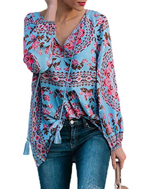 Actloe 2020 Women V Neck Floral Printed Front Tie Knot Blouses Casual Long Sleeve Tops and Shirts