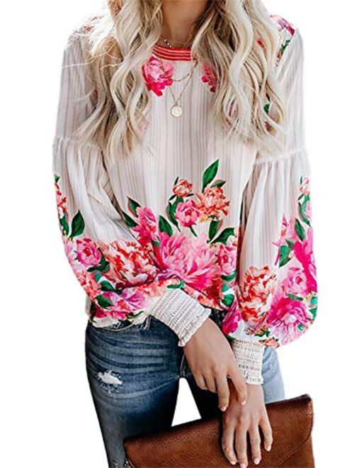 Actloe 2020 Women V Neck Floral Printed Front Tie Knot Blouses Casual Long Sleeve Tops and Shirts