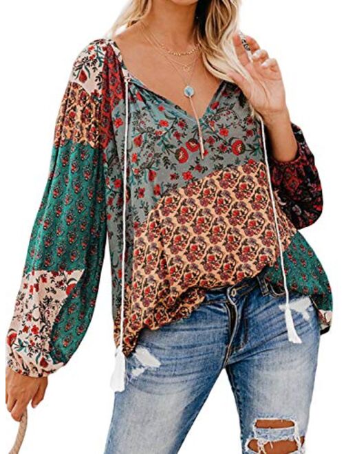 Actloe 2020 Women V Neck Floral Printed Front Tie Knot Blouses Casual Long Sleeve Tops and Shirts