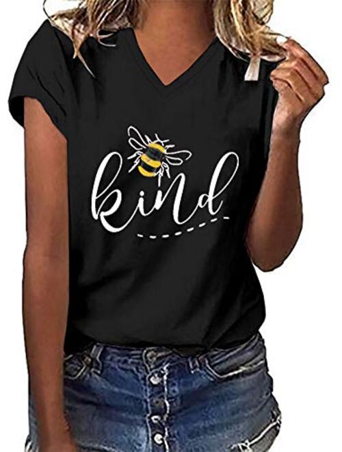 Womens Be Kind Graphic Tees V Neck Cute Printed Summer Casual T Shirts Tops