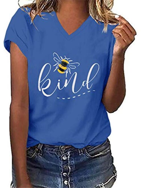 Womens Be Kind Graphic Tees V Neck Cute Printed Summer Casual T Shirts Tops