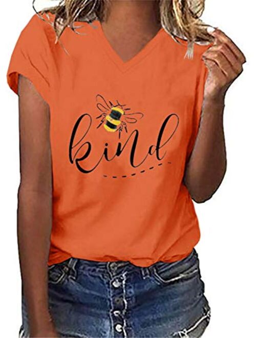 Womens Be Kind Graphic Tees V Neck Cute Printed Summer Casual T Shirts Tops