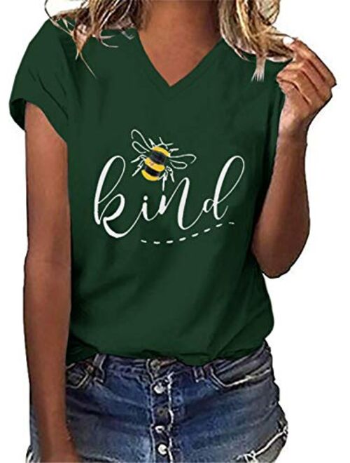 Womens Be Kind Graphic Tees V Neck Cute Printed Summer Casual T Shirts Tops