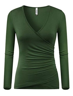 Beauhuty Women's Top Deep V Neck Slim Fitted T-Shirt Front Surplice Wrap Ruched Short/Long Sleeve Tees