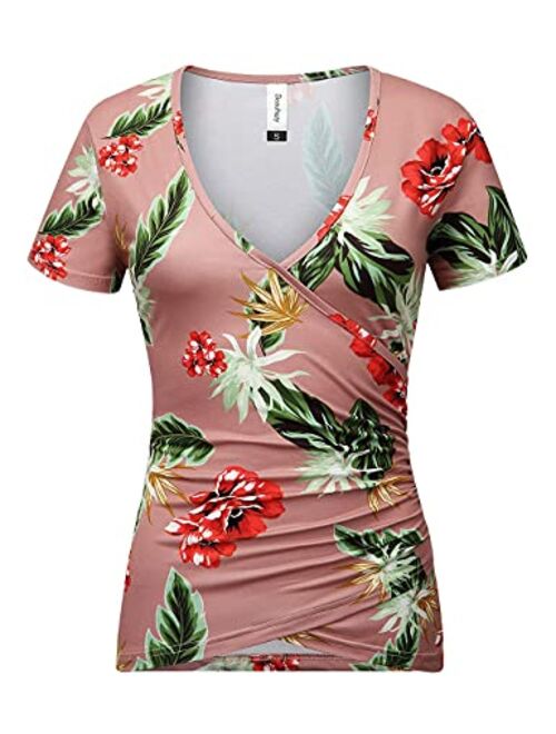 Beauhuty Women's Top Deep V Neck Slim Fitted T-Shirt Front Surplice Wrap Ruched Short/Long Sleeve Tees