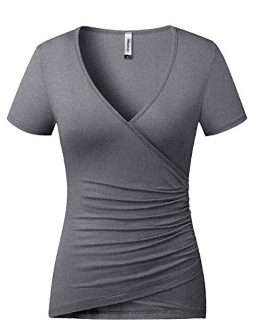 Beauhuty Women's Top Deep V Neck Slim Fitted T-Shirt Front Surplice Wrap Ruched Short/Long Sleeve Tees