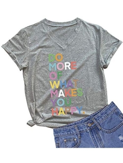 MIMOORN Womens Fun Happy Graphic Tees Summer Cute Letter Printed T-Shirts