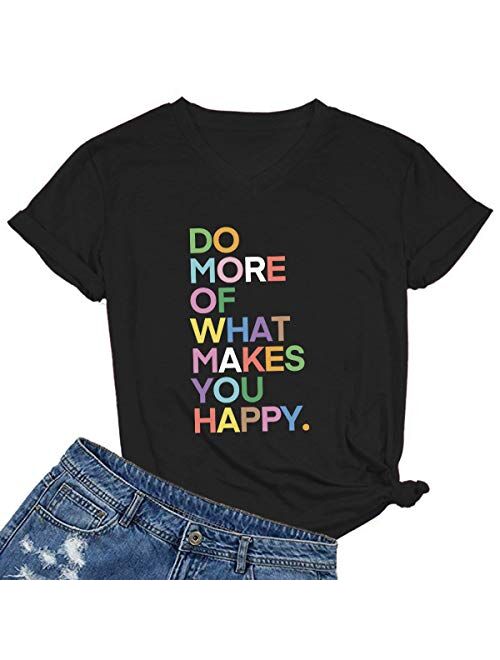 MIMOORN Womens Fun Happy Graphic Tees Summer Cute Letter Printed T-Shirts