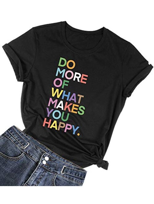 MIMOORN Womens Fun Happy Graphic Tees Summer Cute Letter Printed T-Shirts