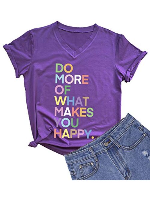 MIMOORN Womens Fun Happy Graphic Tees Summer Cute Letter Printed T-Shirts