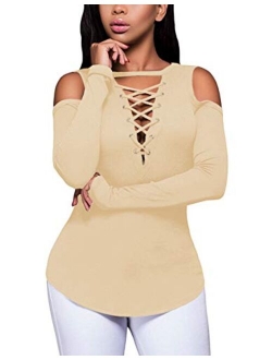 Defal Women's Sexy V-Neck Cold Shoulder Long Sleeve Blouse Shirt Slim Lace-Up Ribbed Stretchy T-Shirt Top