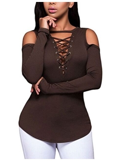 Defal Women's Sexy V-Neck Cold Shoulder Long Sleeve Blouse Shirt Slim Lace-Up Ribbed Stretchy T-Shirt Top